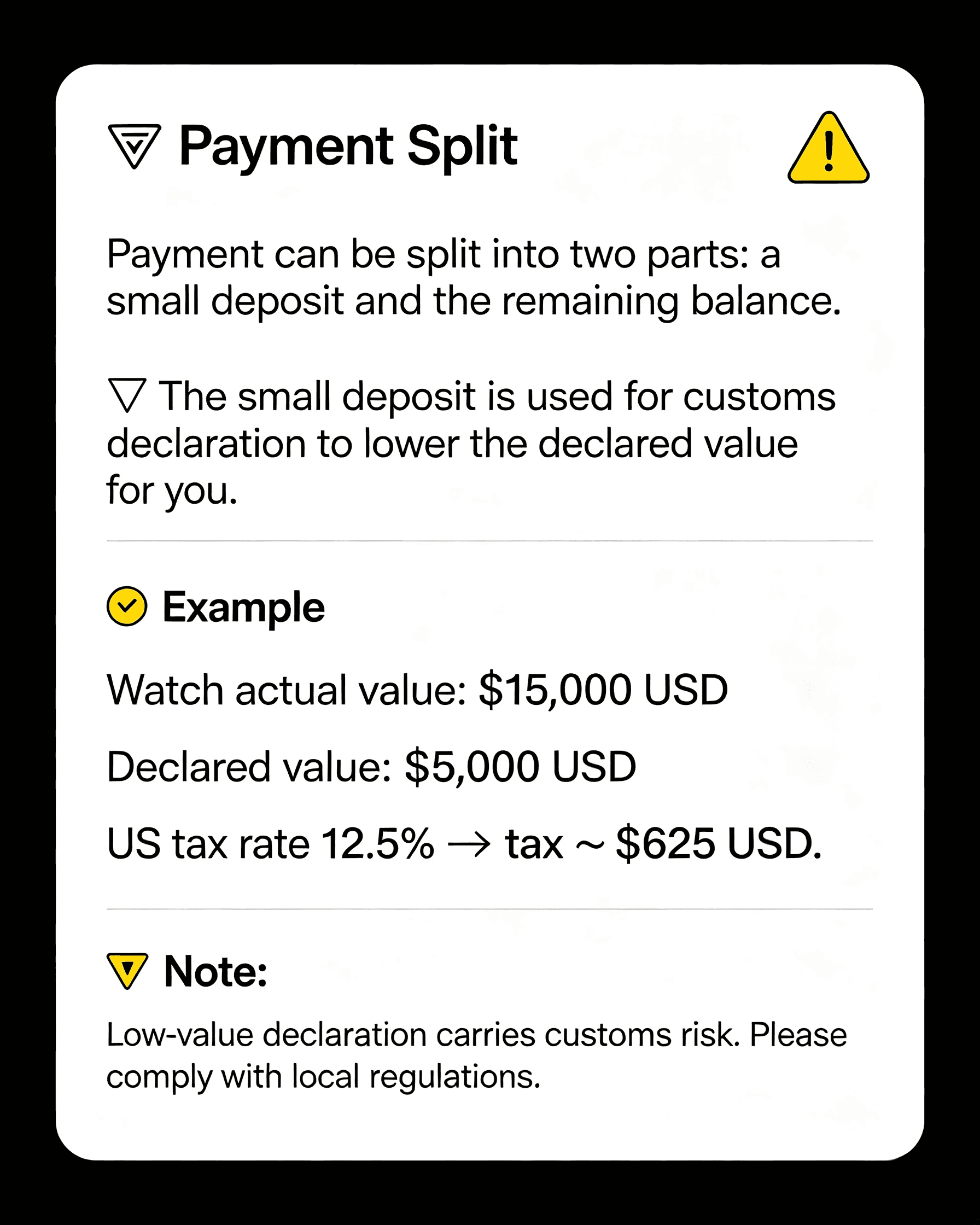 Payment split guidance and customs declaration example
